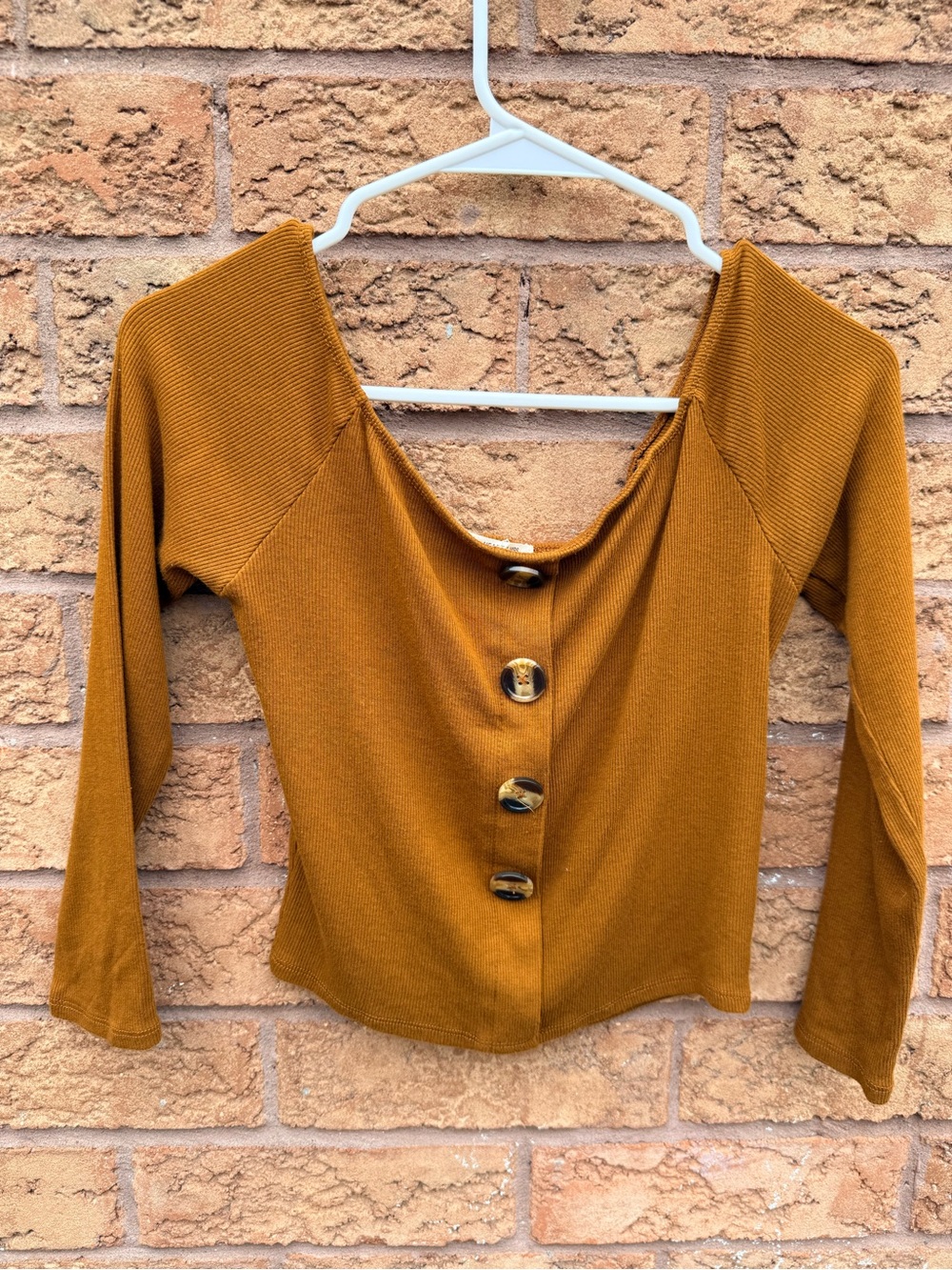 💫10/$25 • Heart Hips Ribbed Button-Front Long Sleeve Crop Top - Mustard Brown